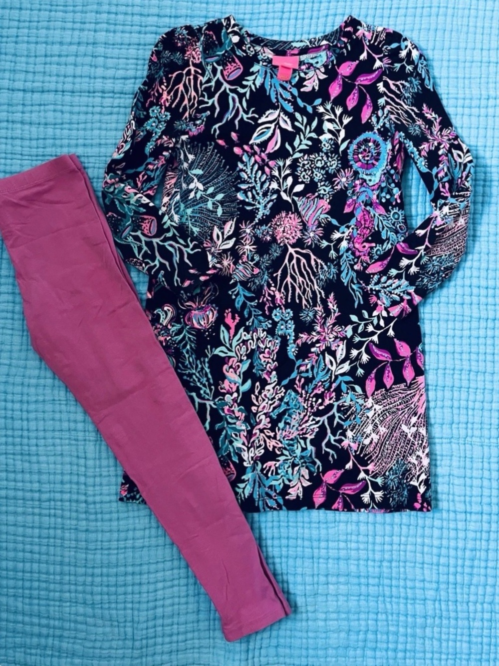 Lilly Pulitzer Girls Black. Oral Print Terry Long Sleeve Dress & Leggings